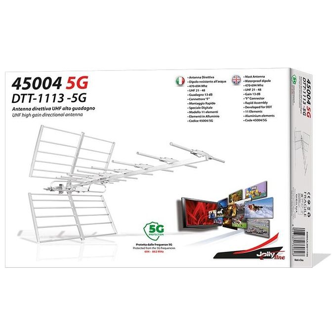 Jolly Line JL45004-5G Antenna Direttiva UHF 11 Elementi 13 dB Filtro 5G 470-694 MHz Connettore Type F colore Bianco