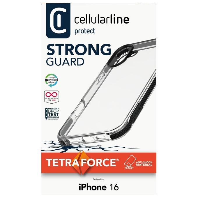Cellular Line Cover per iPhone 16 Tetra Force Strong Guard Clear