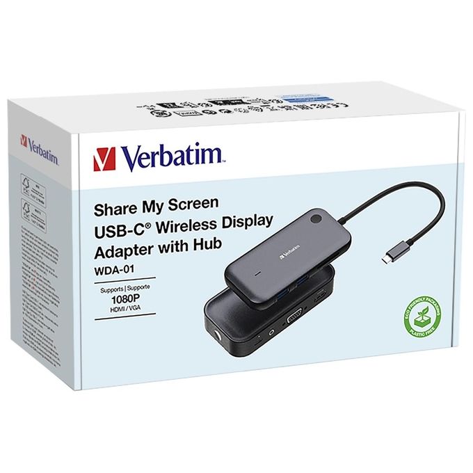 Verbatim 32146 Share My Screen Adattatore Wireless USB-C con Hub HDMI VGA Full HD 1080p 2 porte USB-A 3.2 Gen 1 slot SD-microSD colore Nero