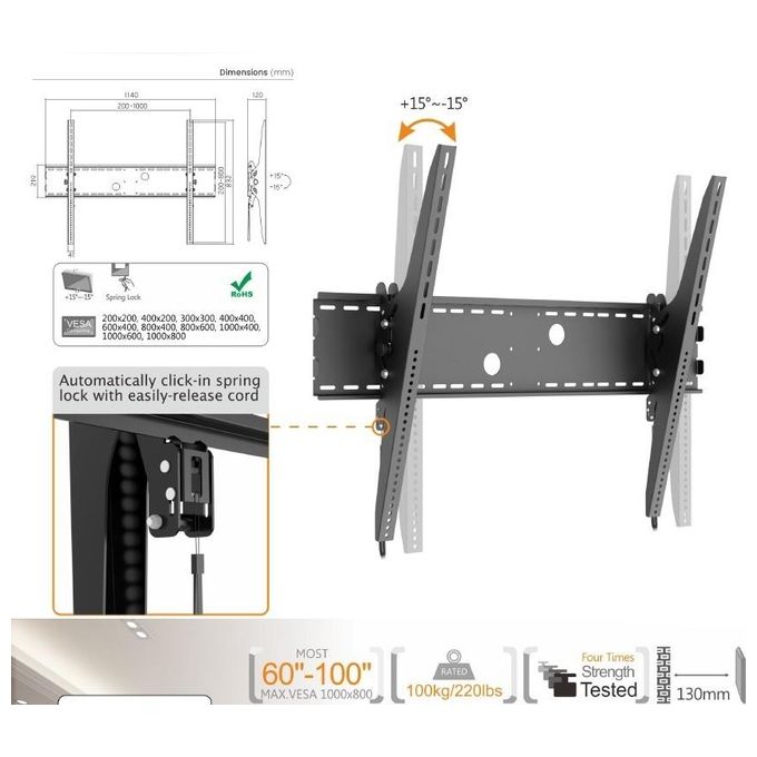 Equip 650322 Supporto per Montaggio a Parete TV Curvo e Inclinato 60'' a 100'' 100 Kg Inclinazione Regolabile Nero