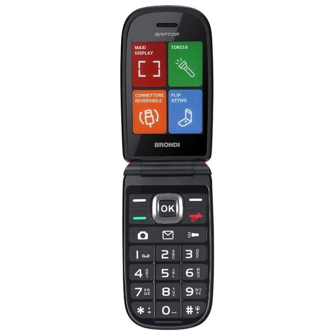 Brondi 10281062 Raptor Telefono per anziani Clamshell Dual SIM Display 2.8'' Fotocamera Flash Torcia 3 Pulsanti Rapidi colore Orange Metal