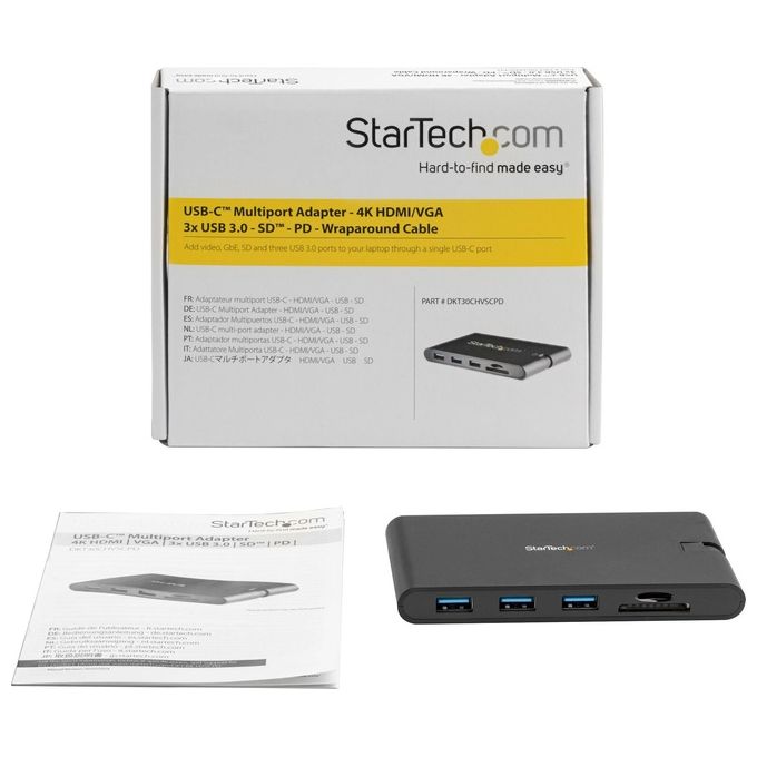 Startech Adattatore Multi-Porta Usb-C con Hdmi e Vga per Portatili 3x Usb 3.0 Lettore Schede SD PD 3.0 Cavo Integrato