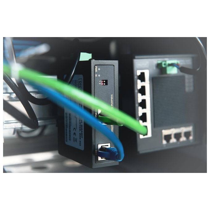 Digitus DN-651111 Splitter Industriale Gigabit PoE++ 802.3bt Uscita Selezionabile 95 W Alimentazione 12 16 24 48 V CC IP30 colore Nero