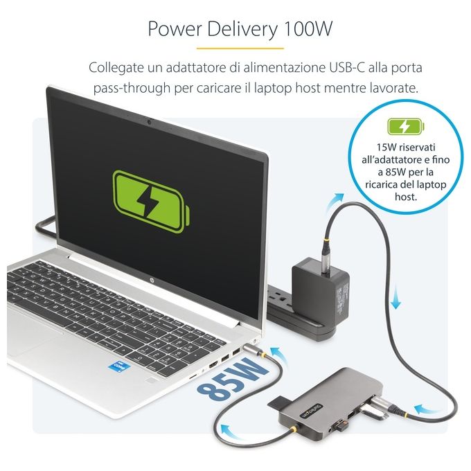 StarTech 154B-USBC-MULTIPORT Adattatore multiporta USB-C Triplo 4K 2x DisplayPort 1.4 HDMI 2.0b 4x USB-A 100W PD GbE Lettore SD MicroSD colore Grigio