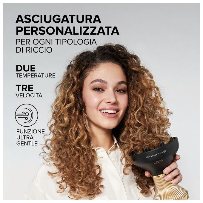Bellissima 11824 Diffon Supreme Asciugacapelli 770 W Ceramica Argan Oil Ionico 2 Velocita' 3 Temperature Diffusore XL colore Nero Oro
