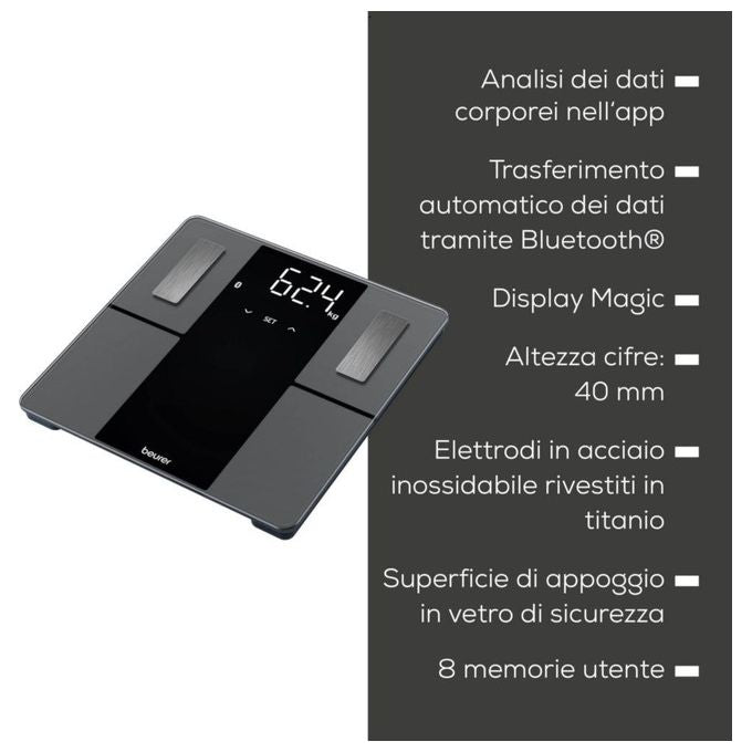 Beurer BF500BT Super Black Edition Bilancia Pesapersone Diagnostica Bluetooth 8 utenti 180 Kg colore Nero