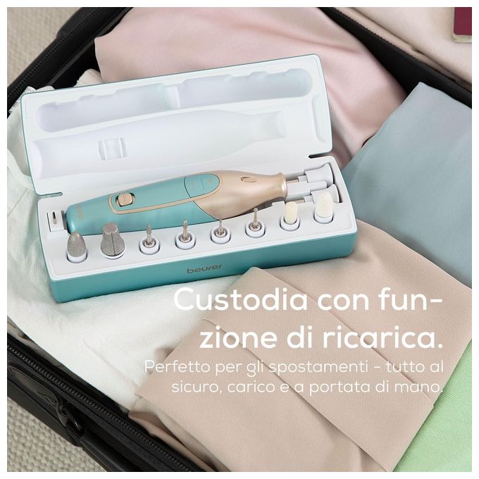 Beurer 57002 Set per manicure e pedicure MP 84 con 10 accessori in zaffiro e feltro velocita' regolabili 3.200 3.800 4.400 rpm batteria ricaricabile al litio colore Oro