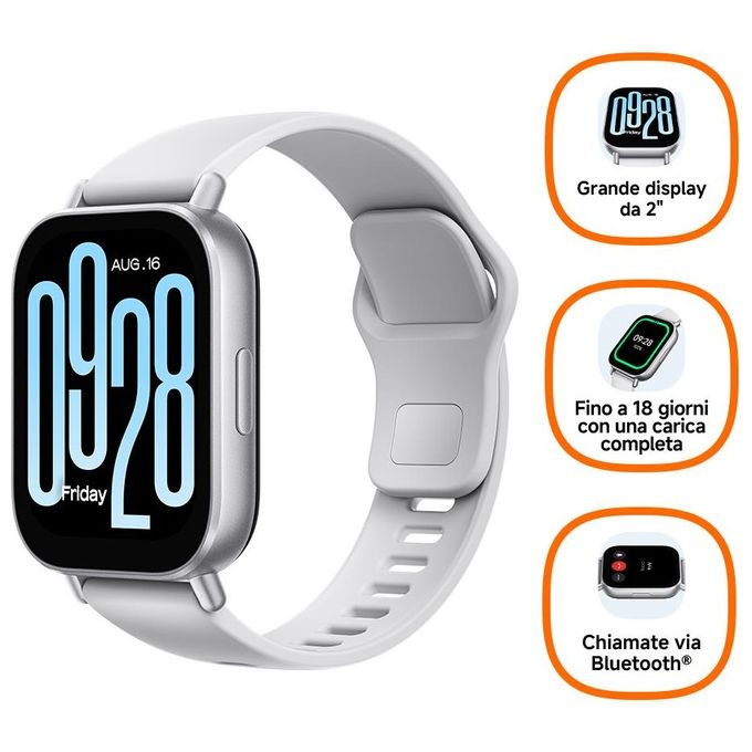 Xiaomi BHR8790GL Redmi Watch 5 Active Smartwatch LCD 2'' 470 mAh 18 giorni BT 5.3 SpO2 Cardio 5 ATM colore Argento