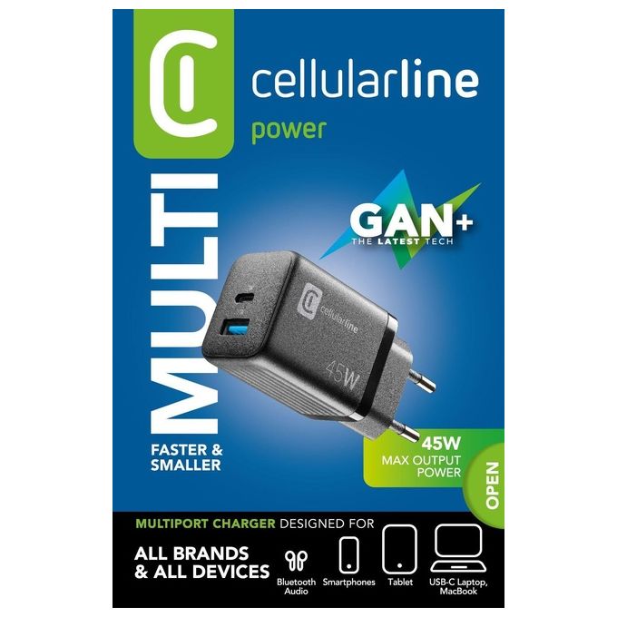 Cellularline ACHUSBGAN2PD45WK Multipower Micro Caricabatterie da Rete 45W 2 Porte USB GaN Super Fast Charging colore Nero