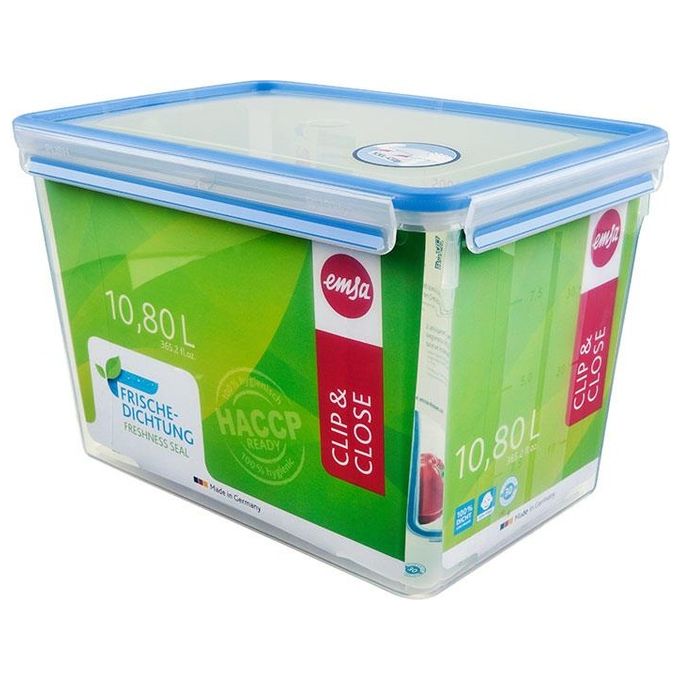 Emsa ClipandClose Contenitore per Alimenti Rettangolare con Coperchio 10,8 Litri Blu