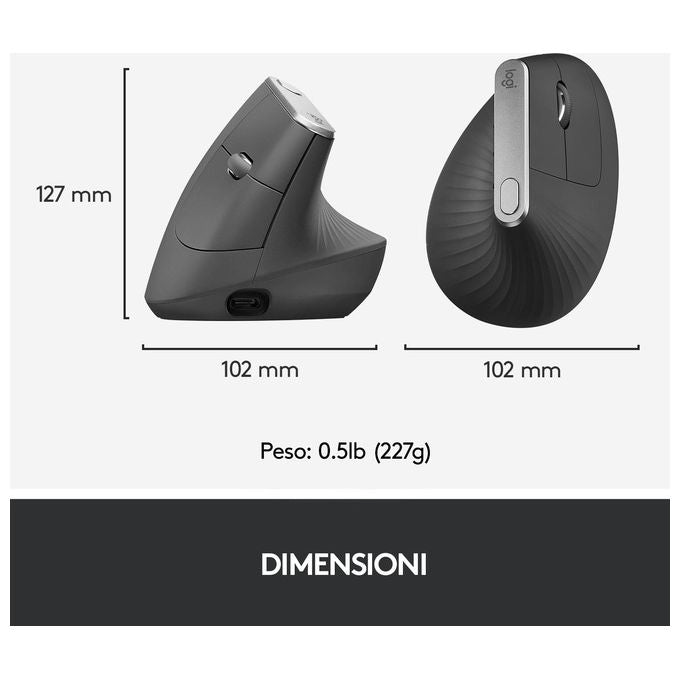 Logitech MX Vertical Mouse Ergonomico Avanzato Cablato e Wireless per un Minore Sforzo Muscolare