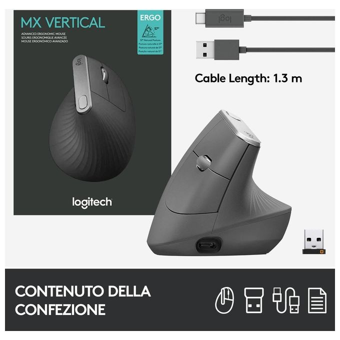 Logitech MX Vertical Mouse Ergonomico Avanzato Cablato e Wireless per un Minore Sforzo Muscolare