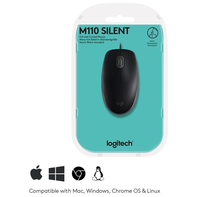 Logitech 910-005508 B110 Silent Mouse Ottico USB Ambidestro 1000 DPI 3 Pulsanti cavo 1.8 m colore Nero