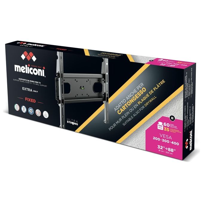 Meliconi 480876 Slimstyle Plus Extra Staffa TV da Parete 32'' 88'' VESA 200 300 400 Portata 60 Kg Cartongesso colore Nero
