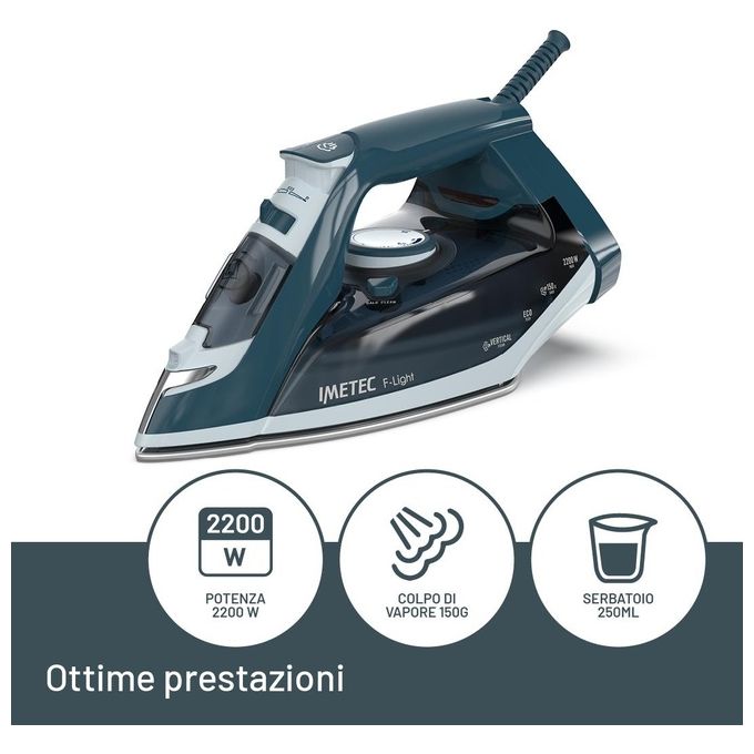 Imetec 9041 F-Light Ferro da Stiro a Vapore Piastra Glide Ceramic 2200 W Colpo Vapore 150 g colore Blu