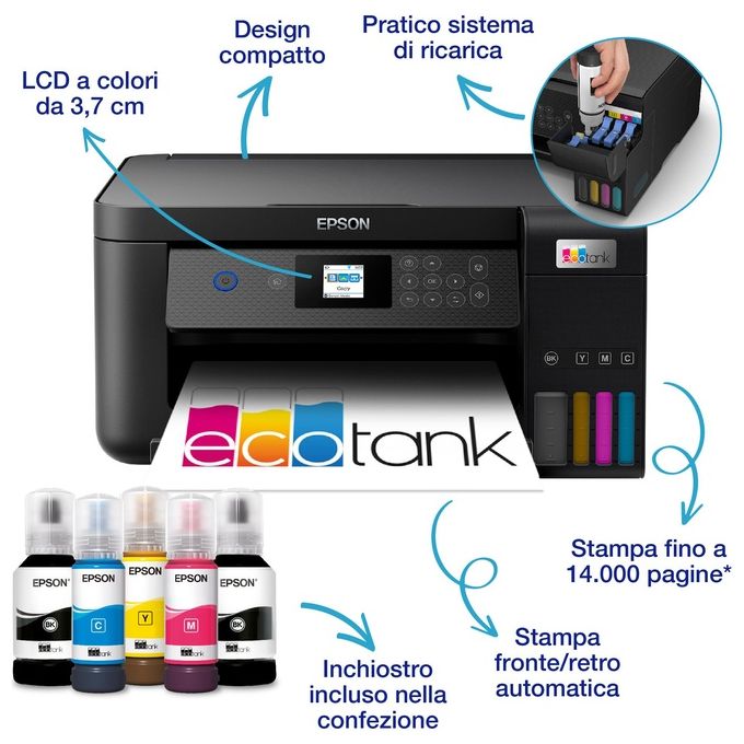 Epson C11CJ63405 EcoTank ET-2850 Stampante Multifunzione Inkjet A4 3 in 1 Serbatoi Ricaricabili Wi-Fi USB 5760x1440 DPI colore Nero