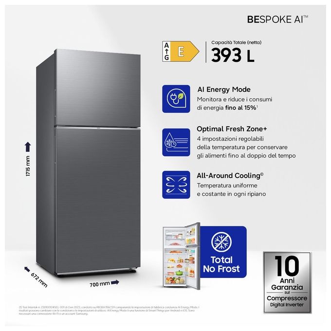 Samsung RT38CG6624S9ES EcoFlex AI Frigorifero Doppia Porta 393 L 171,5 cm Classe E 39 dB No Frost Wi-Fi colore Acciaio Inox