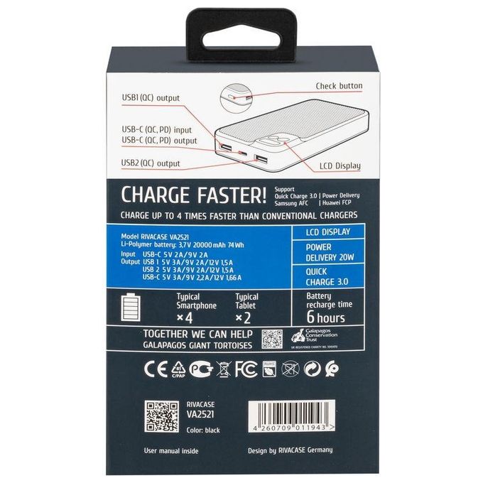 RivaCase VA2521 RivaPower Powerbank 20000 mAh con Display LCD 20W PD QC 3.0 colore Nero