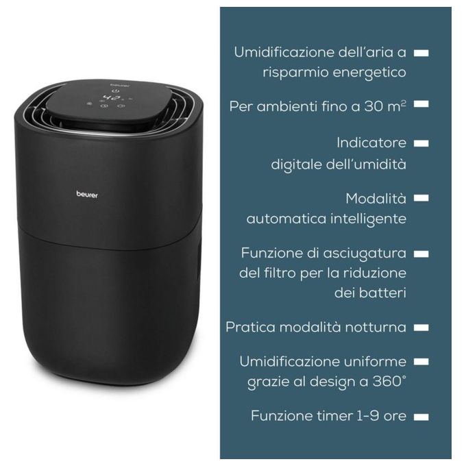 Beurer 10069 LB 200 Umidificatore per ambienti fino a 30 m² Tecnologia di evaporazione a freddo 3 livelli di velocita' Funzione di asciugatura del filtro Display digitale colore Nero