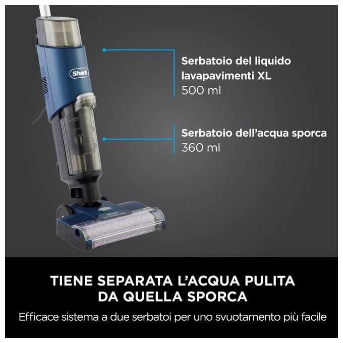 Shark WD100EU HydroVac Aspirapolvere e Lavapavimenti con Filo Spazzola Antimicrobica 170W 7,62m 82dB colore Blu Navy