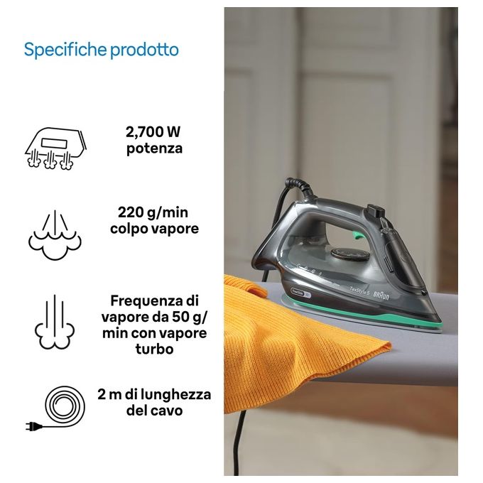 Braun SI5277GR TexStyle 5 Ferro da stiro a vapore e a secco 2700 W Piastra SuperCeramic FreeGlide 3D colore Verde