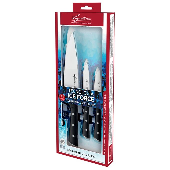 Lagostina 014458500003 Ice Force Set di Coltelli Acciaio Inox 3 Pezzi con Lama da 20 cm 11 cm 9 cm colore Nero