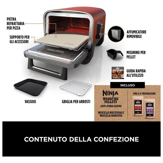 Ninja OO101EU Forno Elettrico da Esterno e Affumicatore 8 Programmi di Cottura Potenza 2400 W Temperatura Max 370 °C (45.7x54.6x38 cm) colore Inox-Rosso