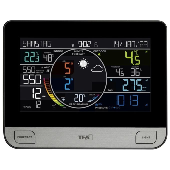 TFA-Dostmann 35.8003.01 View Pro Stazione Meteo WLAN con WiFi Previsioni 7 Giorni Sensore Esterno Anemometro Pioggia Temperatura Umidita' Pressione colore Nero