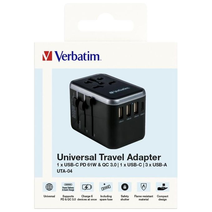 Verbatim Adattatore da Viaggio Universale Uta-04 Ricarica 6 in 1 PD 61W Nero