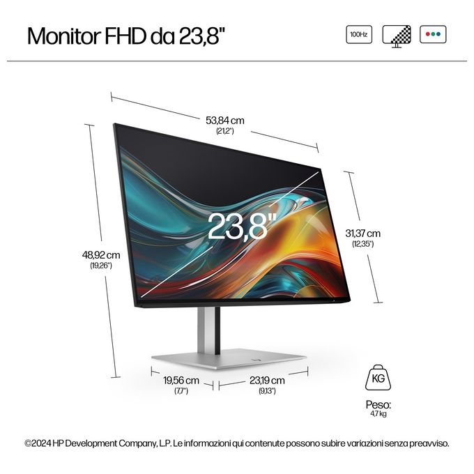 Hp Monitor Serie 7 pro 724pf 8x530aa 23.8' IPS Full HD 16:9 5ms 300cd-m2 Hdmi-2xdp-5usb Lift-swivel-pivot Vesa 100