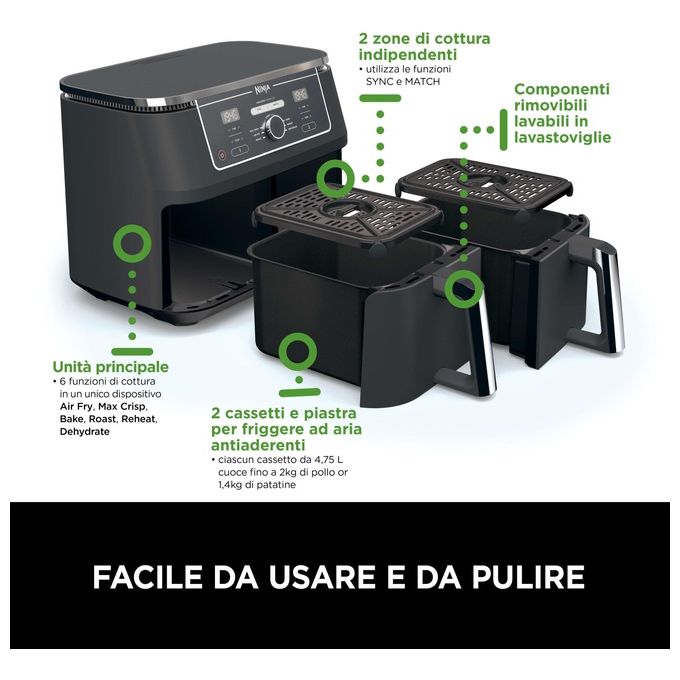 Ninja AF400EU Friggitrice ad aria Dual Zone 9.5 L 2470 W 6 funzioni 2 cestelli digitale colore Nero