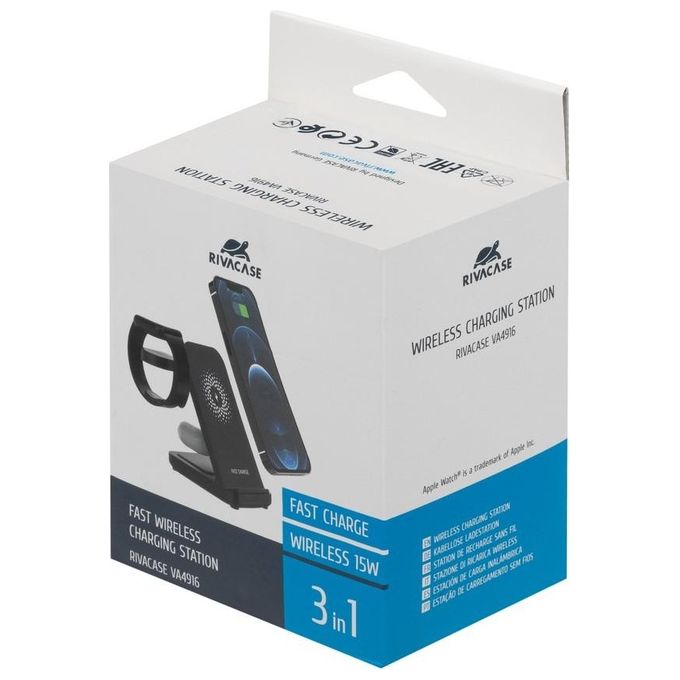 RivaCase VA4916 Caricatore Stand Wireless 3 in 1 Compatibile con iPhone Samsung e Apple Watch 15 W colore Nero