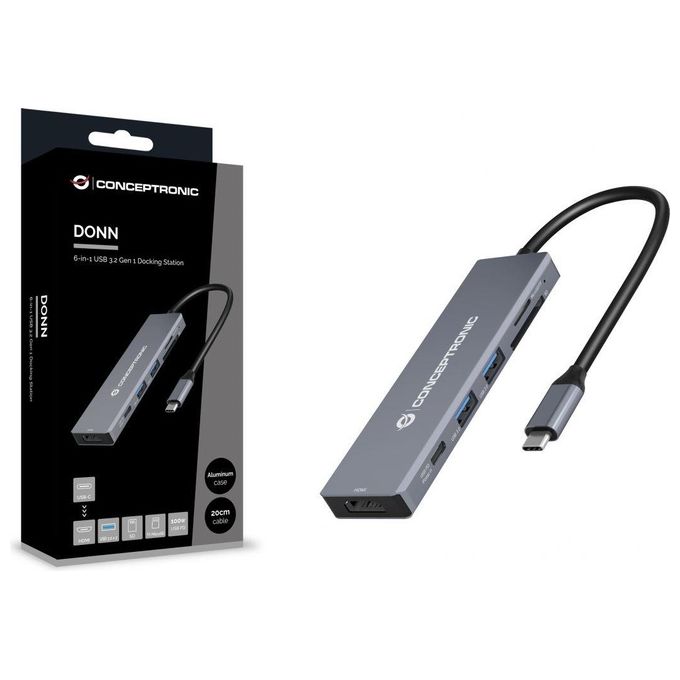 Conceptronic DONN23G Docking Station 6 in 1 USB 3.2 Gen 1 USB 3.0 x 2 100 W USB PD HDMI 4K 60Hz SD TF MicroSD colore Grigio