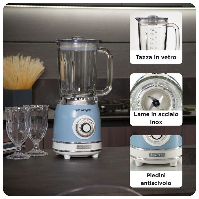 Ariete 583 Vintage Frullatore da tavolo Tazza in Vetro 1,5 L 4 Lame Acciaio Inox 4 Velocita' Pulse 1000 W colore Celeste