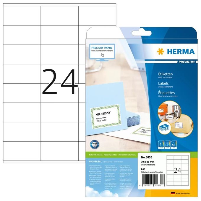Herma Etichette 70x36mm Bianco 10 Fogli DIN A4 240 Pezzi