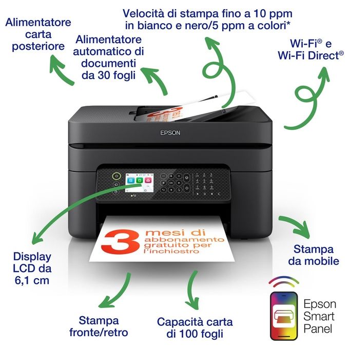 Epson C11CK62402 WorkForce WF-2950DWF Stampante Multifunzione Inkjet A4 4 in 1 Fronte Retro Wi-Fi ADF colore Nero