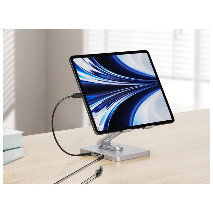 Conceptronic DONN26G Supporto per Tablet con Docking Station 8 in 1 USB 3.2 Gen 1 HDMI 4K 100W Power Delivery colore Argento
