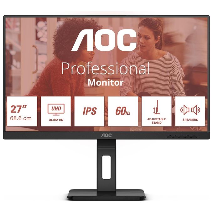 AOC U27E3UF Monitor PC 27'' IPS 4K UHD 3840x2160 60 Hz Adaptive Sync Altoparlanti Hub USB 3.2 Regolazione Altezza colore Nero