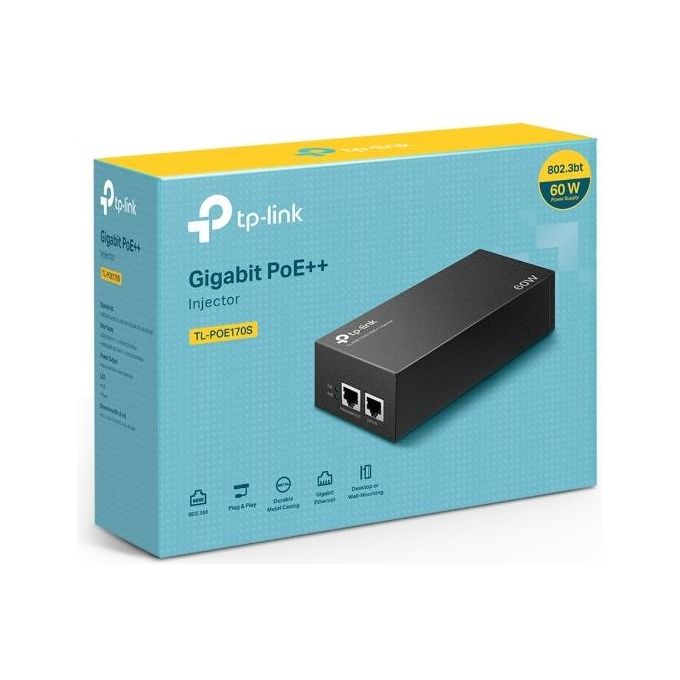TP-Link TL-POE170S Omada Iniettore PoE++ Gigabit Ethernet 60W IEEE 802.3bt Plug and Play colore Nero