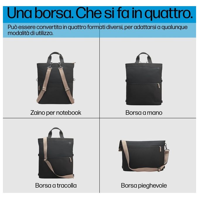 HP 9C2H1AA Borsa-zaino Convertibile per Laptop 14.1'' Zaino Pieghevole Tote Borsa a Mano e Tracolla colore Nero