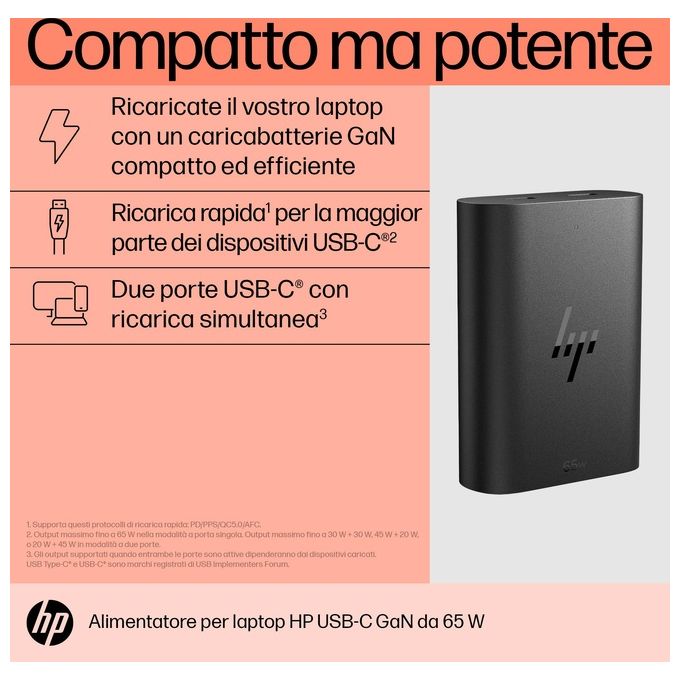 HP 600Q7AA Caricabatterie per Laptop USB-C 65 W con Tecnologia GaN 2 Porte USB-C colore Nero