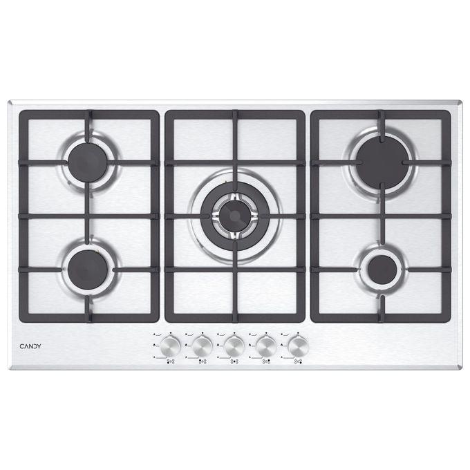 CANDY CHG93WX1 Moderna Piano cottura a Gas 86 cm 5 Fuochi Bruciatore Doppia Corona 3,5 kW Griglie in Ghisa colore Acciaio inox