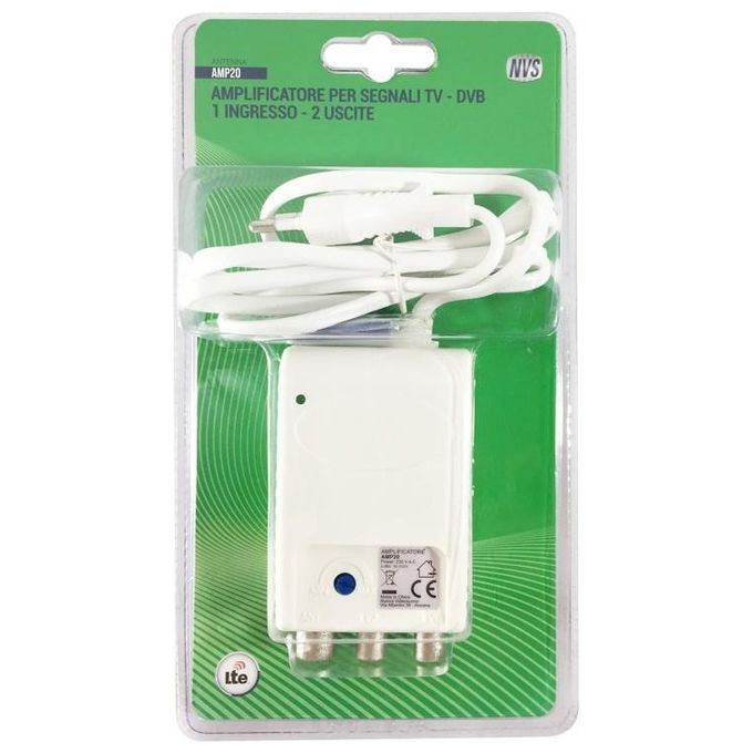 Nuova Video Suono AMP20 Amplificatore di Segnale TV da Interno DVB-T-T2 2 Uscite IEC 9,5 mm Guadagno 5-20 dB colore Bianco