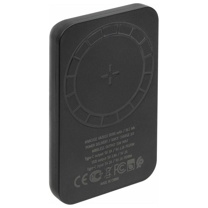 Rivacase VA2603 Power Bank 5000 mAh MagSafe Qi 15W Ricarica Rapida QC 3.0 USB-A USB-C colore Nero