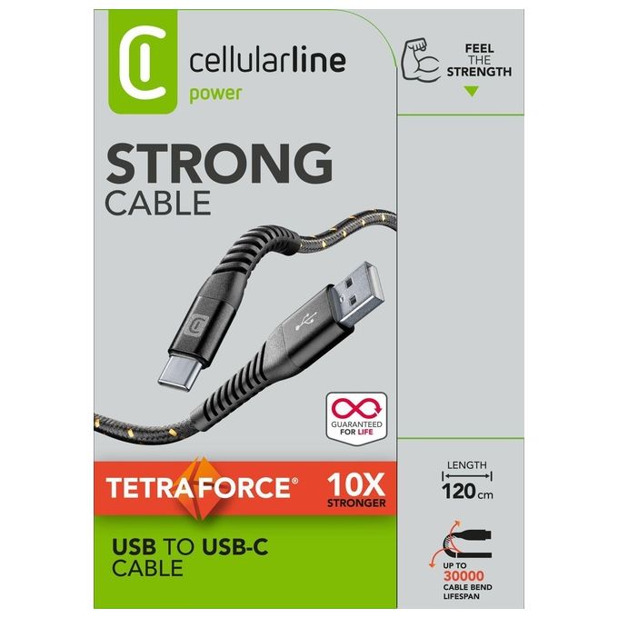 Cellularline TETRACABTYC1MK Tetra Force Strong Cable Cavo USB-A USB-C 120cm Nylon Intrecciato Kevlar 15W colore Nero