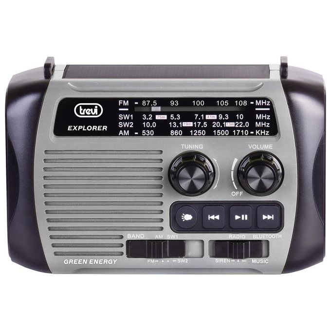 Trevi RA 7F30 BT Radio Portatile Multibanda FM AM SW Bluetooth MP3 USB MicroSD Powerbank Torcia LED Ricarica Solare Dinamo colore Grigio