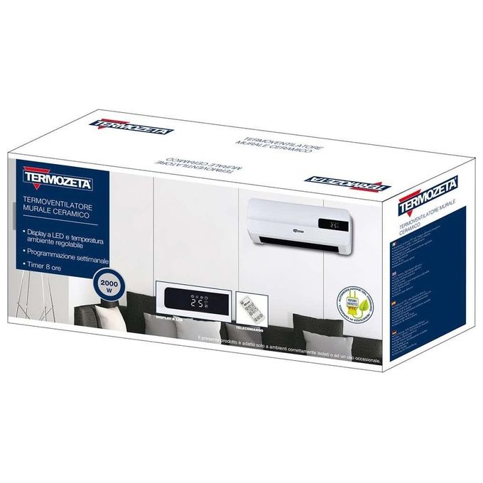 Termozeta TZR06N Termoventilatore Murale Ceramico PTC 2000W Display LED Telecomando Timer colore Bianco
