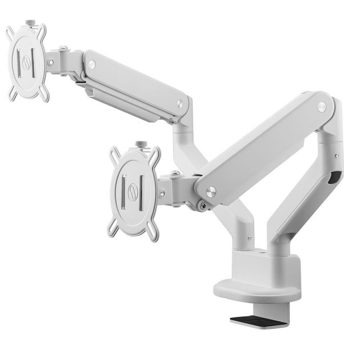 One For All DM4220 Supporto Universale per Doppio Monitor Regolabile Altezza 240 mm Rotazione 360° Inclinazione 140° VESA 75 100 mm 10Kg per Monitor colore Bianco