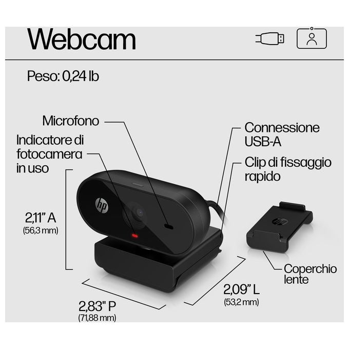 HP 53X26AA 320 Webcam FHD 1080p USB-A Grandangolare Microfono Integrato Copriobiettivo colore Nero