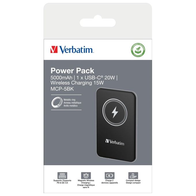 Verbatim 1261530 Charge 'n' Go Power Bank Magnetico Wireless 5000 mAh 15 W Ricarica Bidirezionale USB-C PD 20 W colore Nero